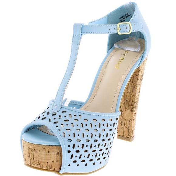 🎉Restocked🎊Baby Blue Nubuck Cork Chunky Platform High Heeled Sandals - Picture 1 of 3
